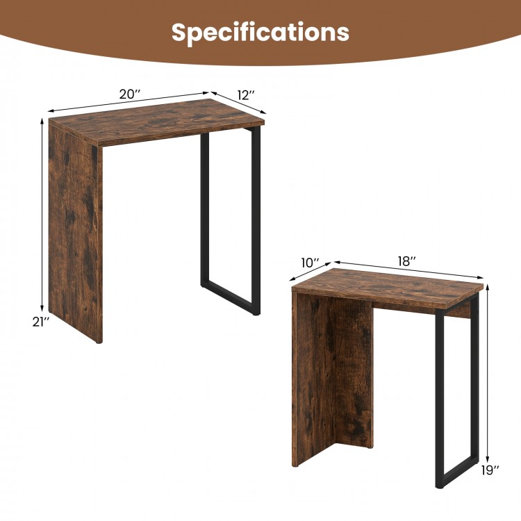 Nesting coffee table set in rustic brown with metal frame, showcasing dimensions for versatile living room use.