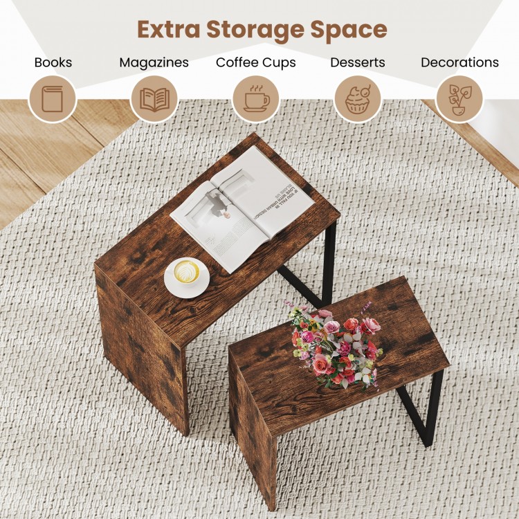 Nesting coffee table set in rustic brown with wide tops for books and decorations, ideal for small living spaces.