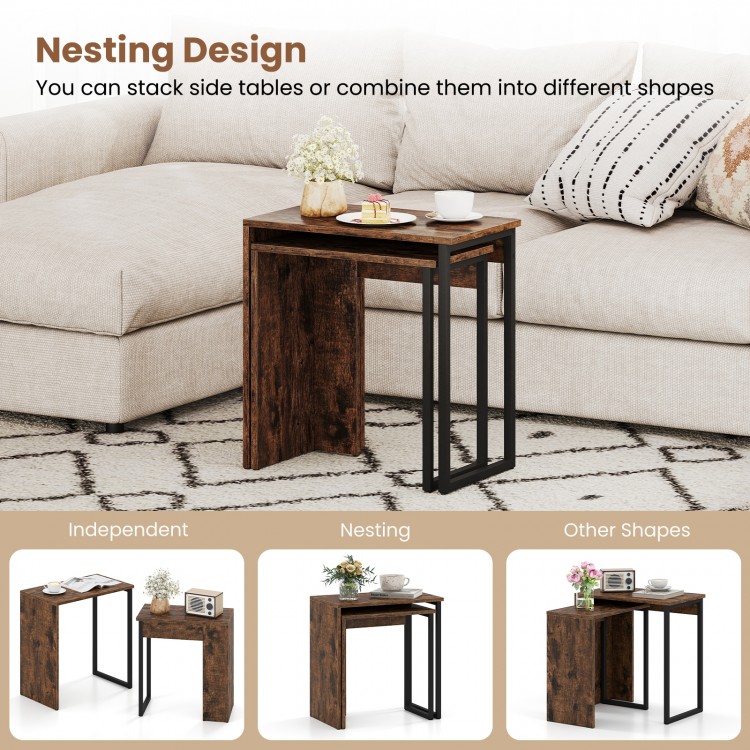 Nesting coffee table set in rustic brown with metal frame, ideal for living room or bedroom, space-saving design.