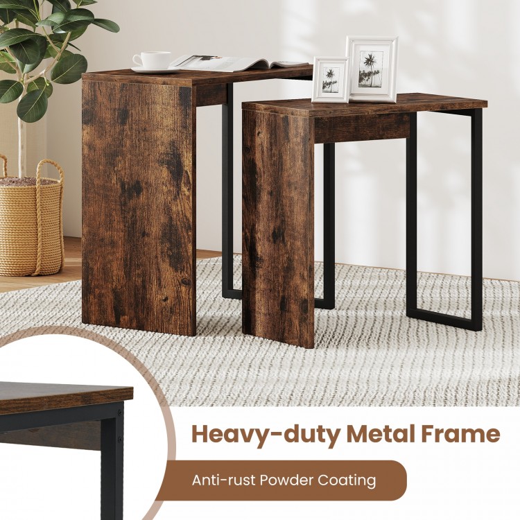 Nesting coffee table set in rustic brown with a heavy-duty metal frame, ideal for living room or bedroom use.