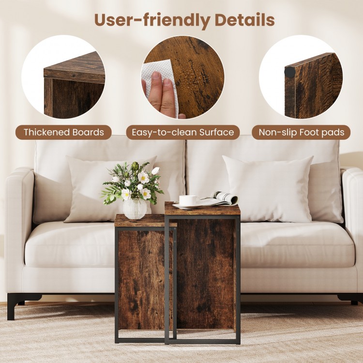 Nesting coffee table set with rustic brown faux wood grain, easy-to-clean surface, and non-slip foot pads for stability.