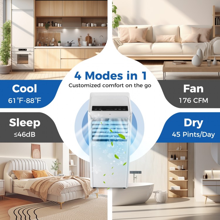 4-in-1 8000 BTU portable air conditioner with fan and dehumidifier, ideal for cooling rooms up to 250 sq.ft.