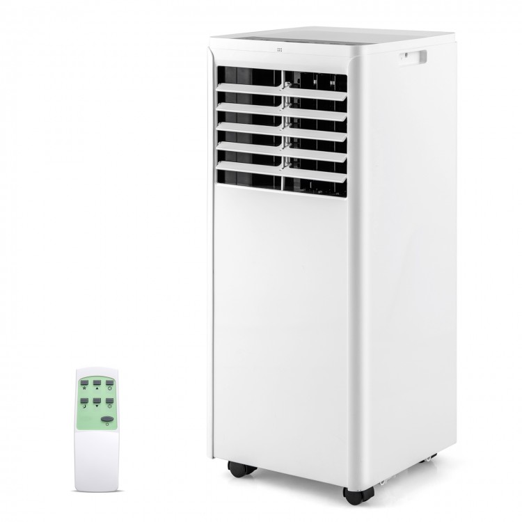 Portable 8000 BTU air conditioner with remote, featuring cooling, fan, and dehumidifier modes for rooms up to 250 sq.ft.