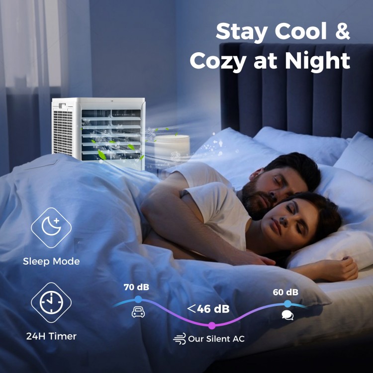 8000 BTU portable air conditioner in sleep mode, cooling a bedroom quietly for comfortable nighttime use.