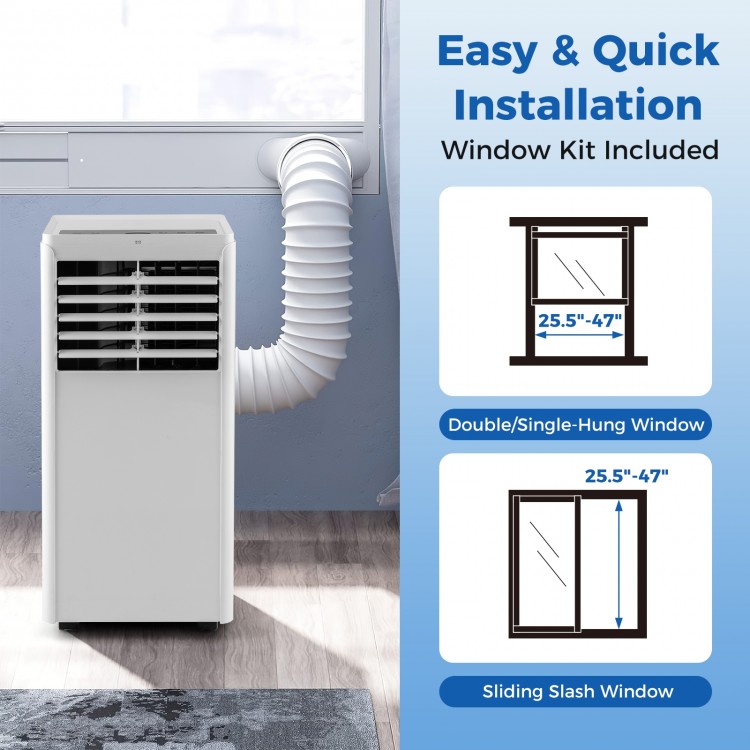 Portable 8000 BTU air conditioner with window kit, ideal for cooling rooms up to 250 sq.ft, featuring easy installation.