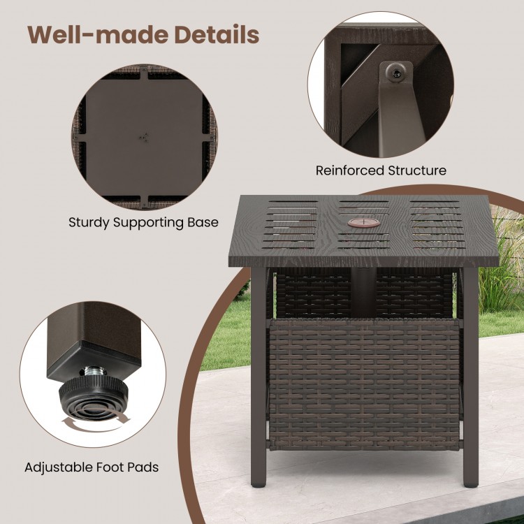 Outdoor side table with brown PE wicker, reinforced structure, and adjustable foot pads for patio or garden use.