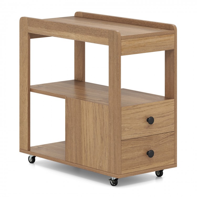 2-drawer sofa side table in natural wood with shelves, featuring wheels for easy mobility and raised edges for spill.