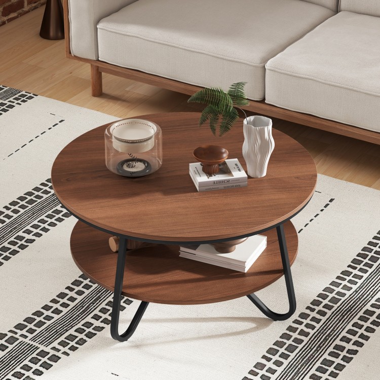 Round coffee table with wood grain finish, heavy-duty metal frame, and double-tier storage for living room convenience.