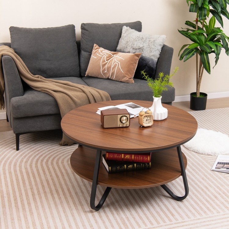 Round coffee table with walnut wood grain finish, double-tier storage, and heavy-duty metal frame for living room use.