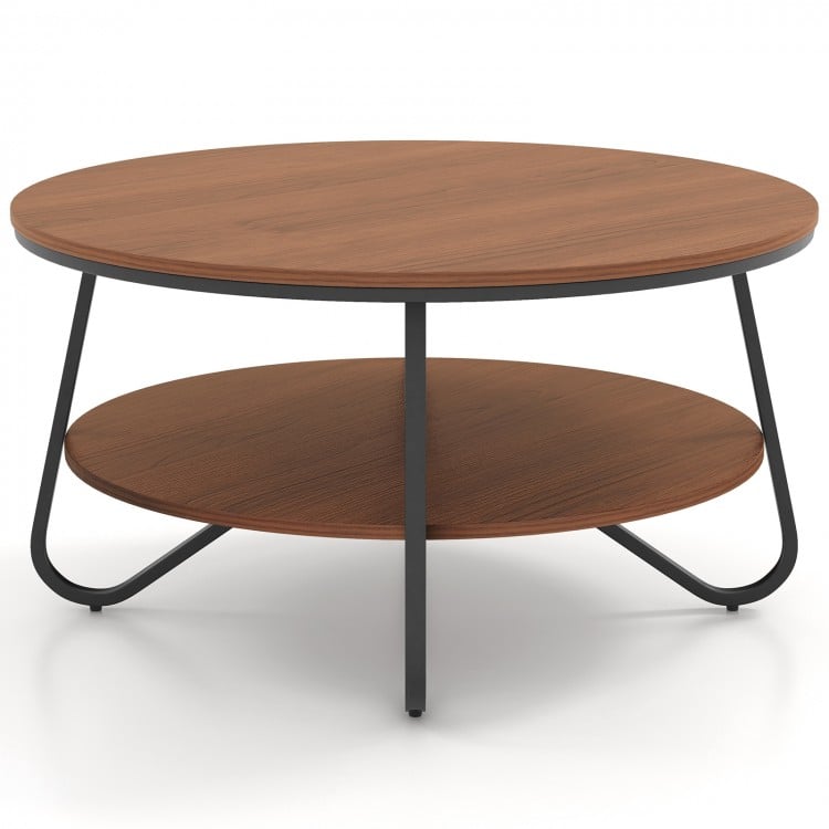 Round coffee table with walnut wood grain finish, heavy-duty metal frame, and double-tier storage for living room.