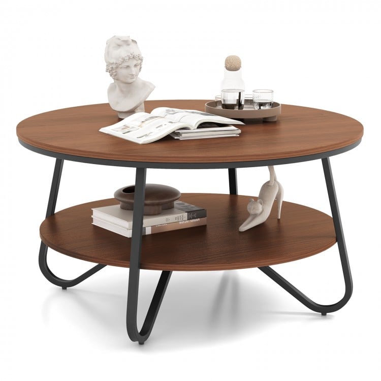 Round coffee table with walnut wood grain finish, double-tier storage, and heavy-duty metal frame for living room.