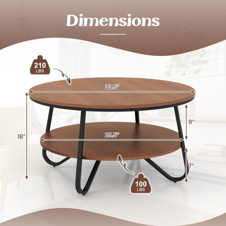 33.5-inch round coffee table with walnut wood grain finish and heavy-duty metal frame, featuring double-tier storage.