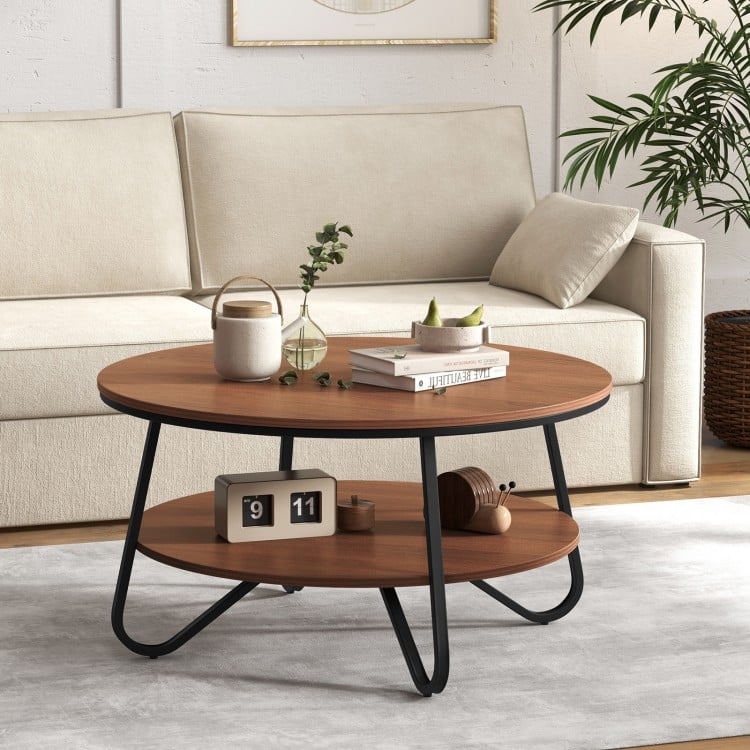 Round coffee table with walnut wood grain finish and heavy-duty metal frame, featuring double-tier storage for living.