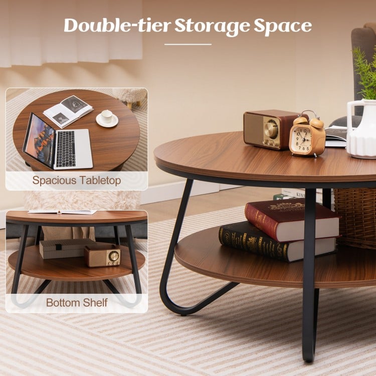 Round coffee table with wood grain finish, featuring a spacious tabletop and bottom shelf for convenient storage.