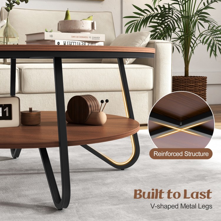 Round coffee table with wood grain finish, heavy-duty metal frame, and V-shaped legs for stable living room storage.