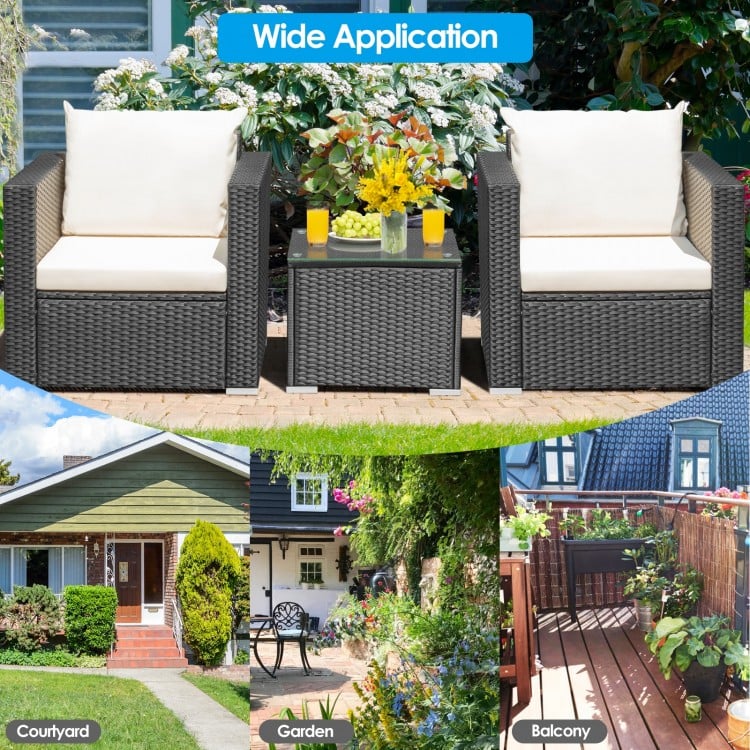 3-piece patio wicker furniture set with white cushions, ideal for outdoor relaxation in garden or balcony settings.