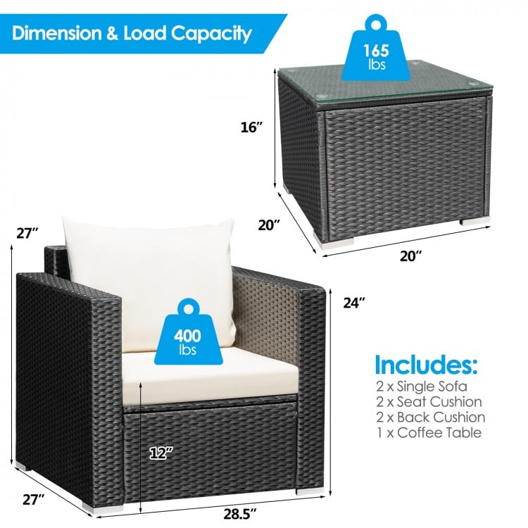 Single chair from the 3-piece patio wicker furniture set with white cushion, sturdy rattan for outdoor relaxation.