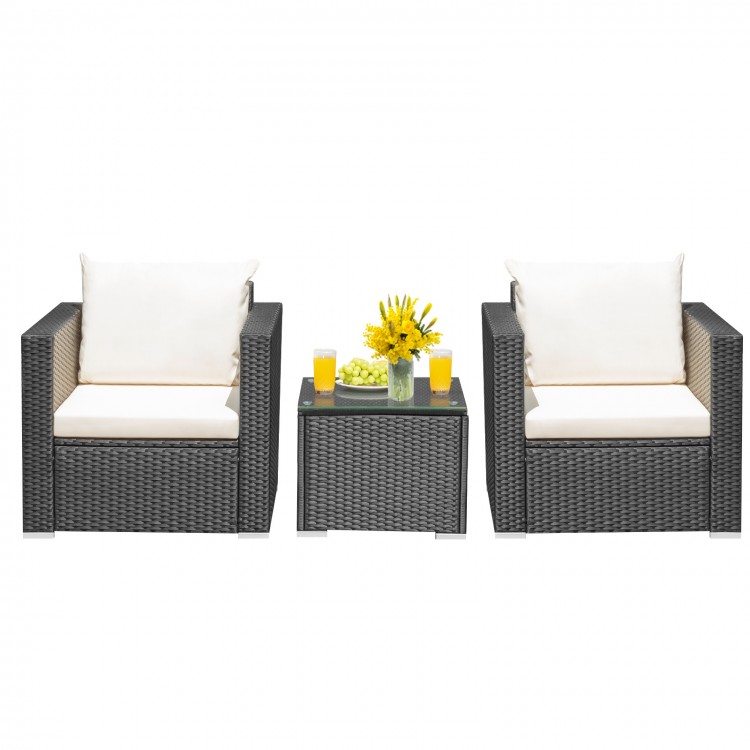 3-piece patio wicker furniture set with white cushions, featuring a glass top table, ideal for outdoor relaxation.