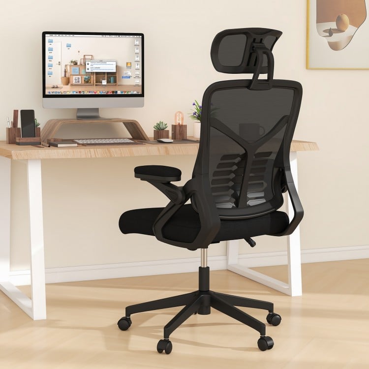 Ergonomic black mesh office chair with lumbar support, adjustable headrest, and rocking function for enhanced comfort.