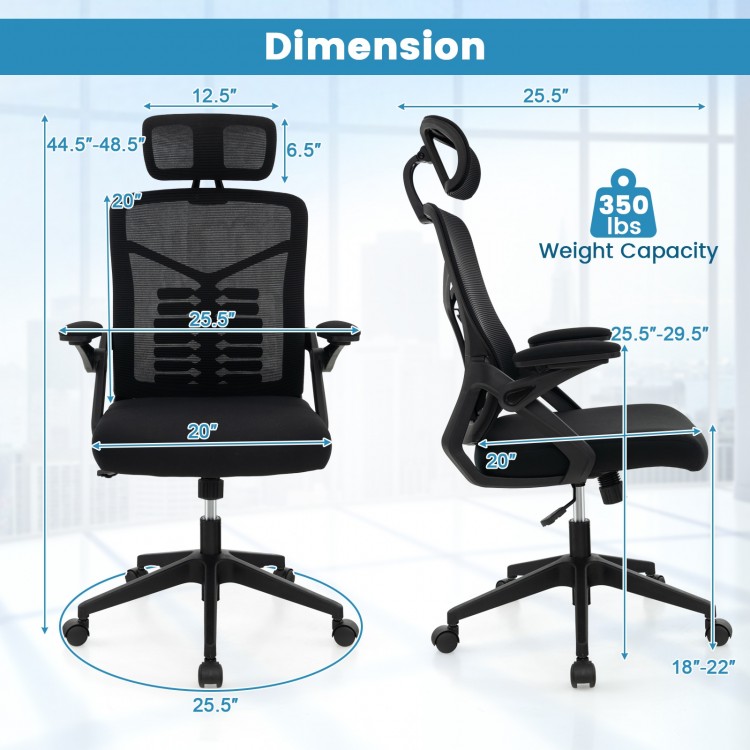 Ergonomic mesh office chair with lumbar support, adjustable headrest, and rocking function for comfort and posture.