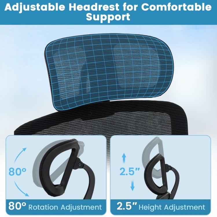 Adjustable headrest of the ergonomic mesh office chair with 80° rotation and 2.5" height adjustment for neck support.
