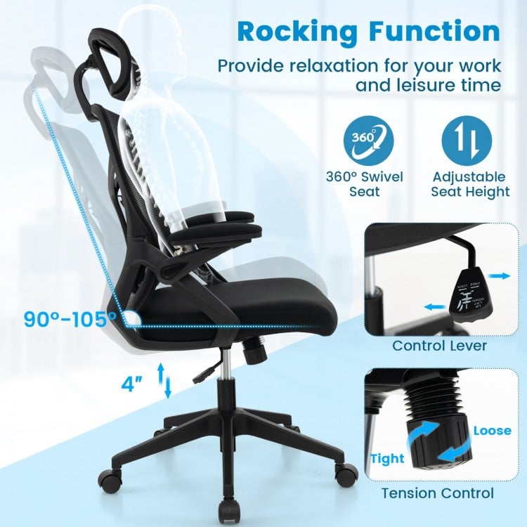 Ergonomic mesh office chair with lumbar support, adjustable height, and rocking function for comfort during work and.