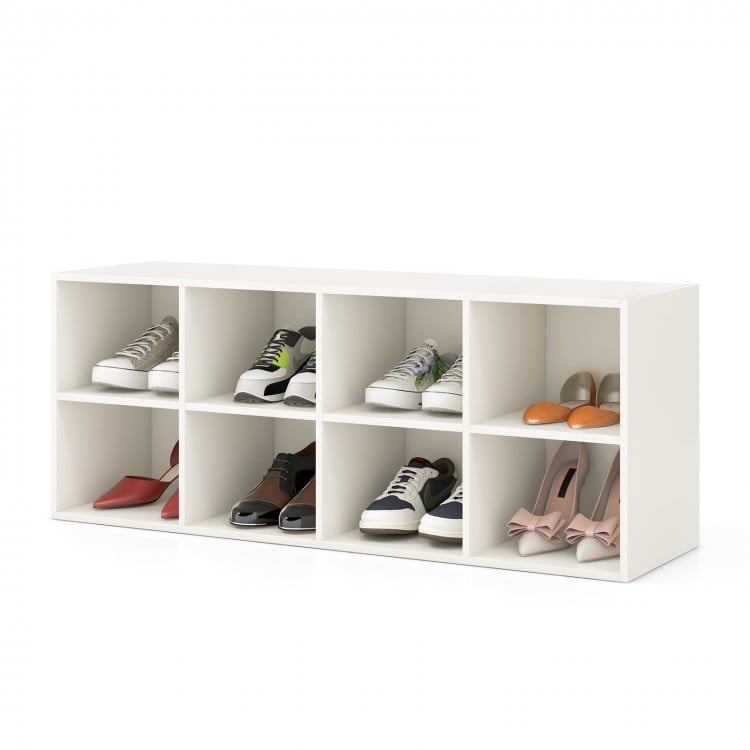 White 8 cubbies shoe organizer with spacious top, sturdy design, and anti-slip foot pads for versatile storage.