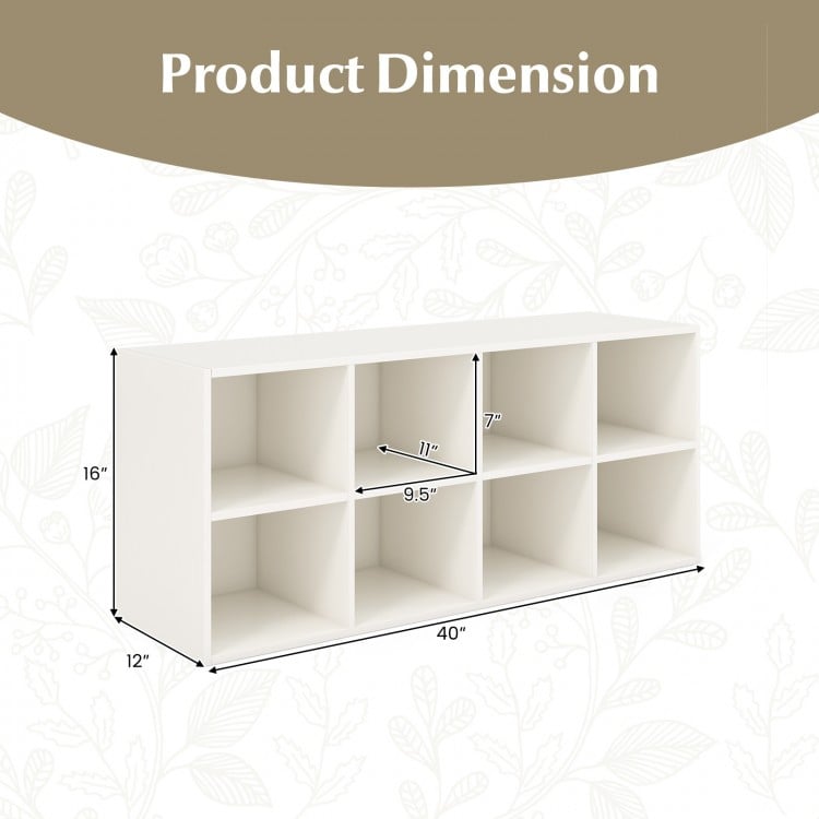 Dimensions of the 8 cubbies shoe organizer in white, measuring 40" x 12" x 16", ideal for shoe storage and stability.