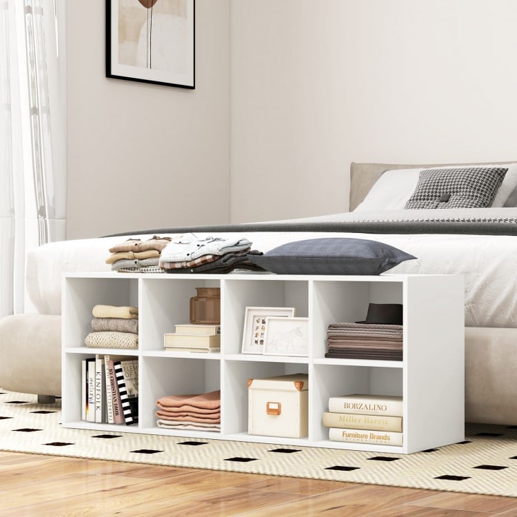 White 8 cubbies shoe organizer with spacious top, perfect for storage in hallways or bedrooms.