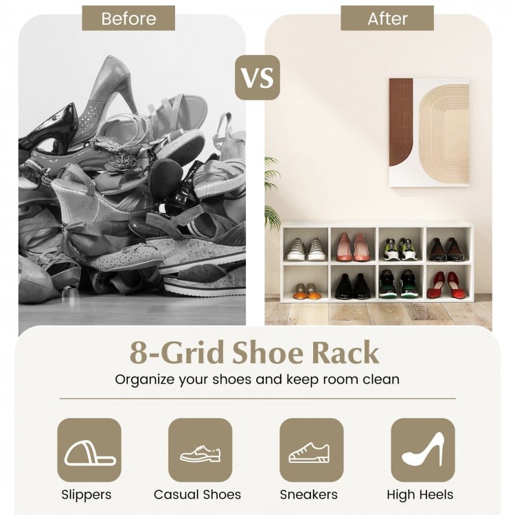 8-grid shoe organizer in white with 500 lbs capacity, ideal for storing various shoe types in hallways or bedrooms.
