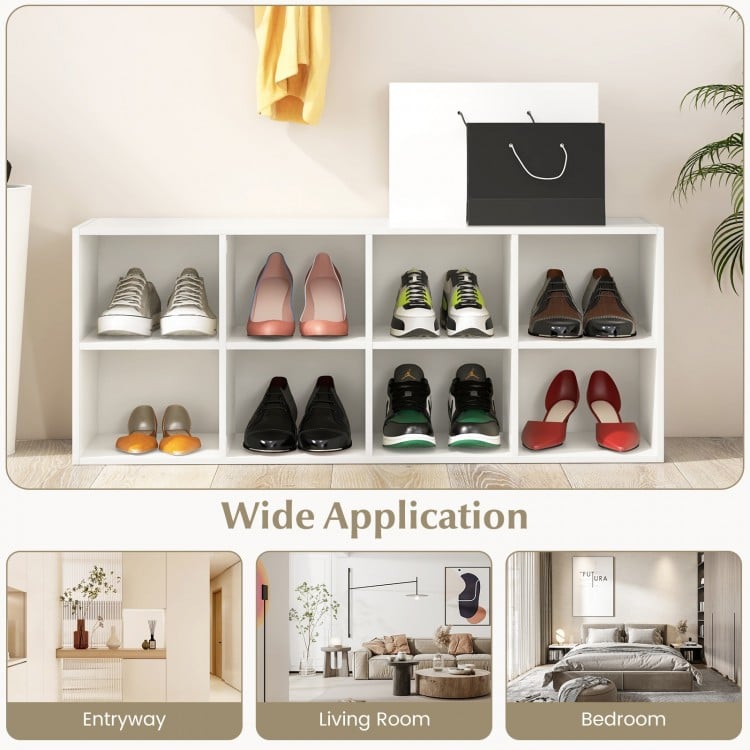 8-cubbies shoe organizer in white with spacious top, ideal for entryways, living rooms, or bedrooms.