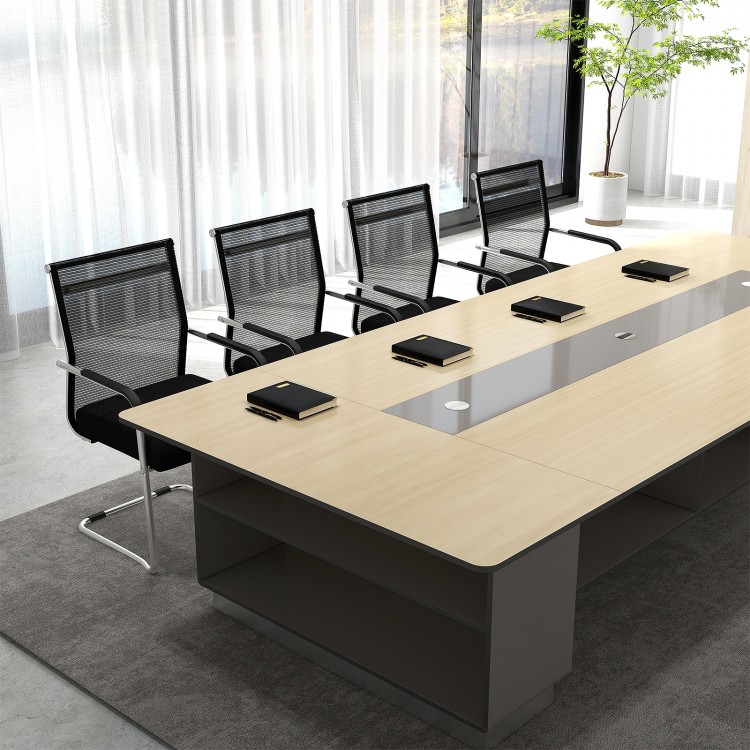 Set of 4 black office guest chairs with metal sled base and armrests, featuring breathable mesh for comfort.