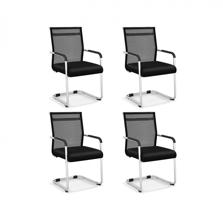 Set of 4 black office guest chairs with metal sled base, armrests, and breathable mesh for comfortable seating.