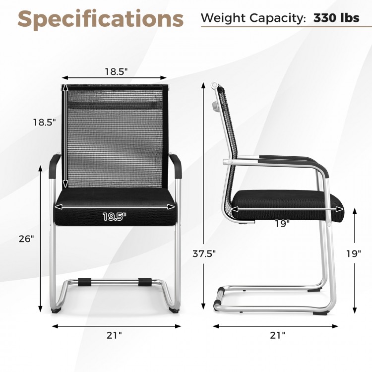 Black office guest chair with metal sled base, armrests, and breathable mesh for comfortable seating.