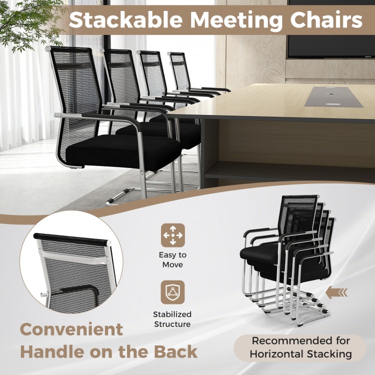 Stackable office guest chairs set of 4 with black mesh seats and metal sled base, featuring convenient back handles.