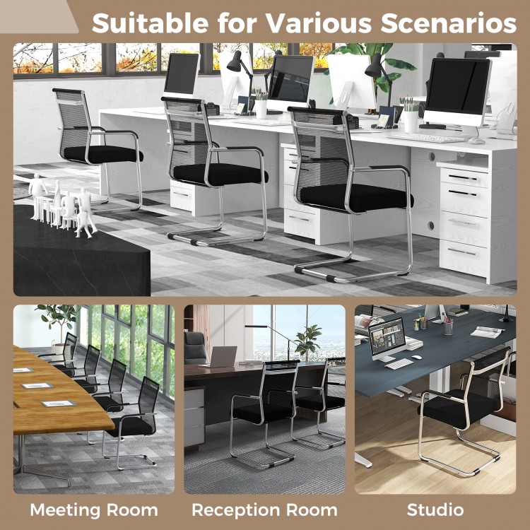 Set of 4 black office guest chairs with metal sled base, armrests, and ergonomic design for versatile meeting spaces.