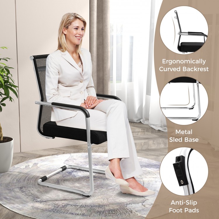 Black office guest chair with metal sled base, ergonomic backrest, and armrests for comfortable seating.