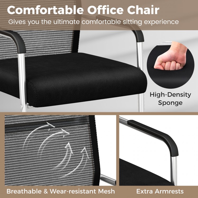 Black office guest chair with metal sled base, breathable mesh, and extra armrests for enhanced comfort and support.