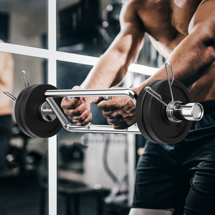 Olympic triceps bar with knurled handles, solid steel, and spring collars for secure weight training in home or.