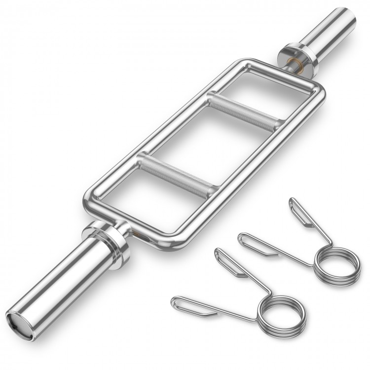 Olympic triceps bar with knurled handles, solid steel construction, designed for 2-inch weight plates, ideal for gym.