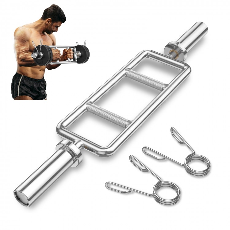 Olympic triceps bar with knurled handles, solid steel construction, and spring collars for secure weight training.