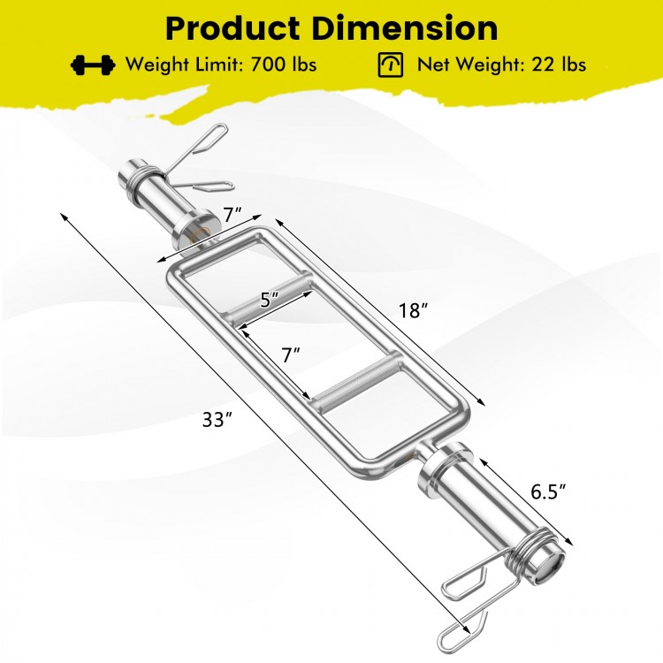 Olympic triceps bar dimensions showing 700 lbs capacity, 18-inch length, and knurled handles for secure grip.