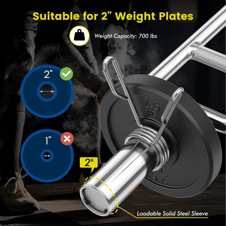 Close-up of the 700 lbs Olympic triceps bar sleeve, designed for 2-inch weight plates, featuring a durable galvanized.