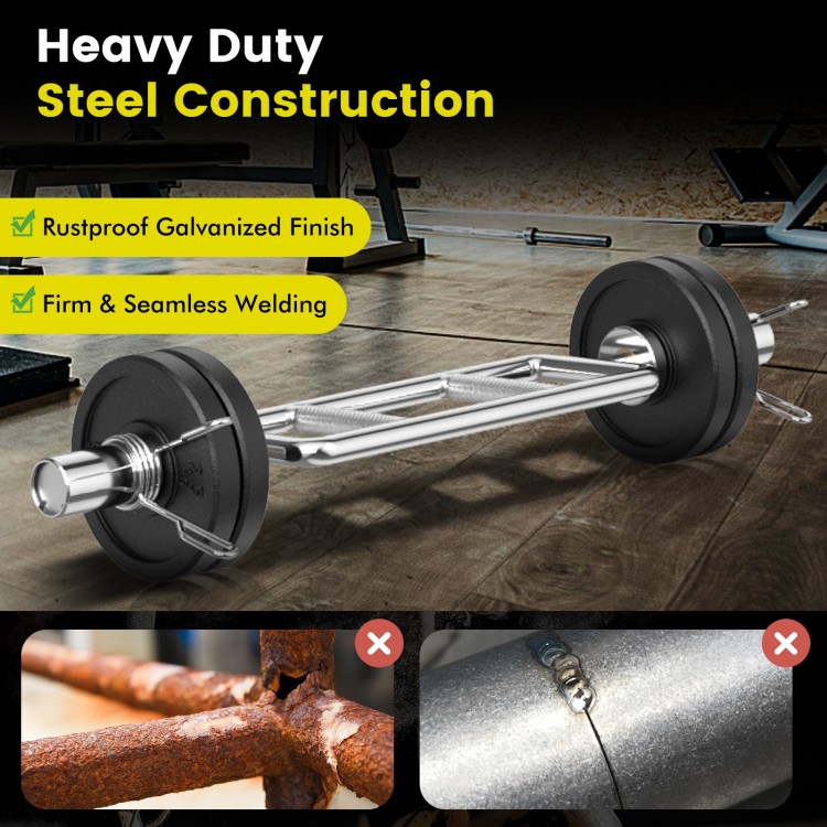 700 lbs Olympic triceps bar with knurled handles, featuring rustproof galvanized finish for home or commercial gym use.