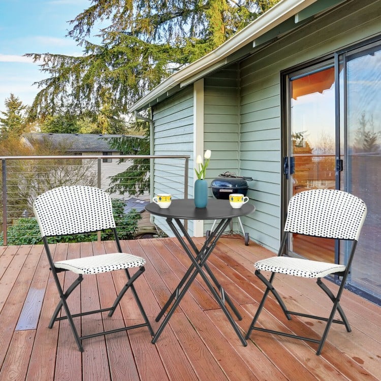 3-piece patio rattan bistro set featuring a round folding table and 2 chairs, perfect for outdoor dining and relaxation.