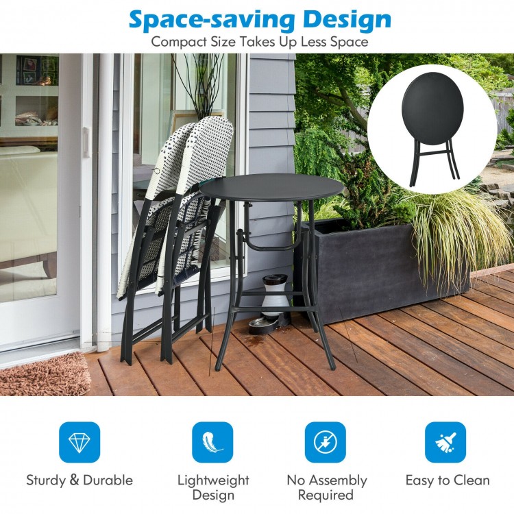 Folding round dining table and 2 chairs from the 3-piece patio rattan bistro set, perfect for outdoor use and easy.