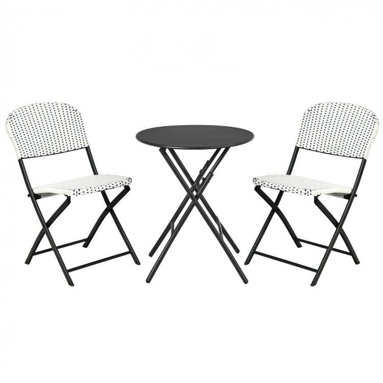 3-piece patio bistro set featuring a round folding table and 2 chairs with durable PE rattan, ideal for outdoor dining.