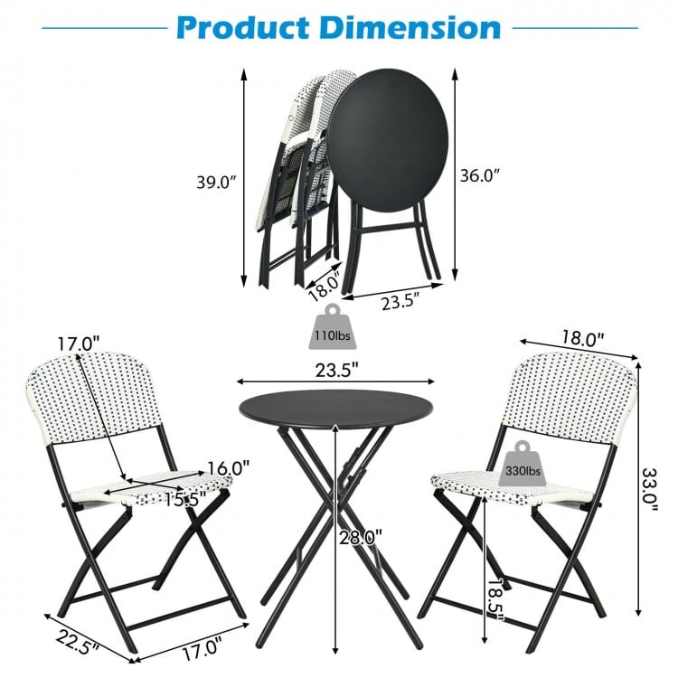 Dimensions of the 3-piece patio rattan bistro set with folding table and chairs, ideal for outdoor use.
