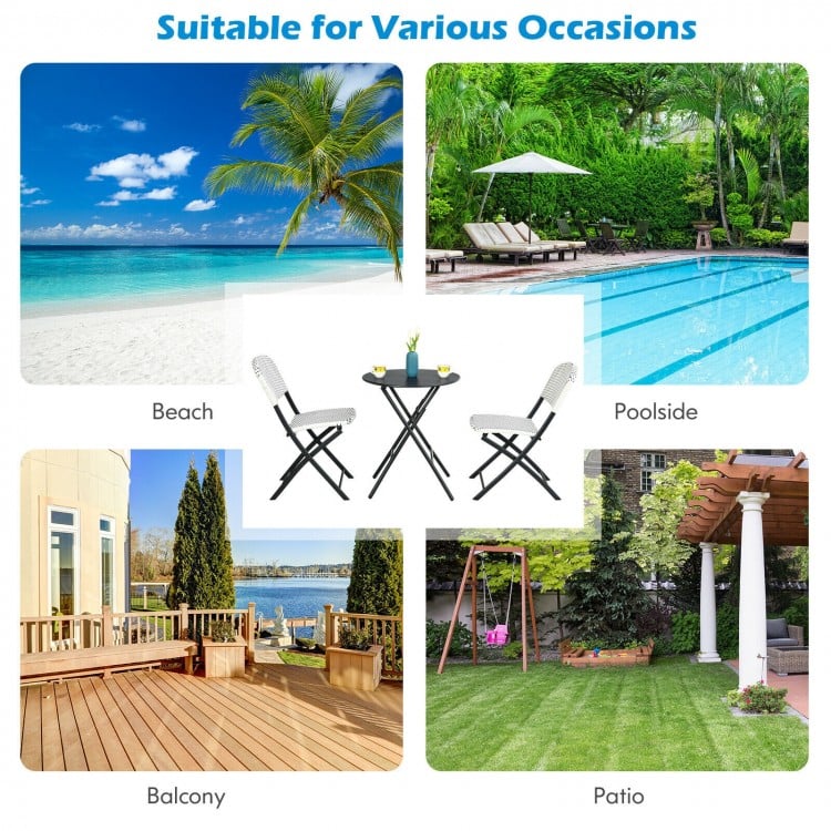 3-piece patio rattan bistro set with folding table and 2 chairs, ideal for outdoor dining on the balcony or poolside.