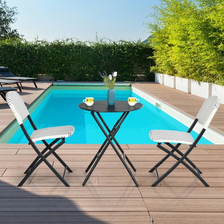 3-piece patio rattan bistro set featuring a round folding table and 2 chairs, ideal for outdoor dining by the pool.